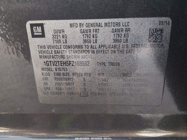 Продажа на аукционе авто 2015 Gmc Sierra 1500, vin: 1GTV2TEH5FZ168592, номер лота: 45142520