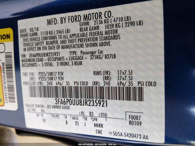 Ford Fusion Hybrid S 2018 3FA6P0UU8JR235921 Image 9