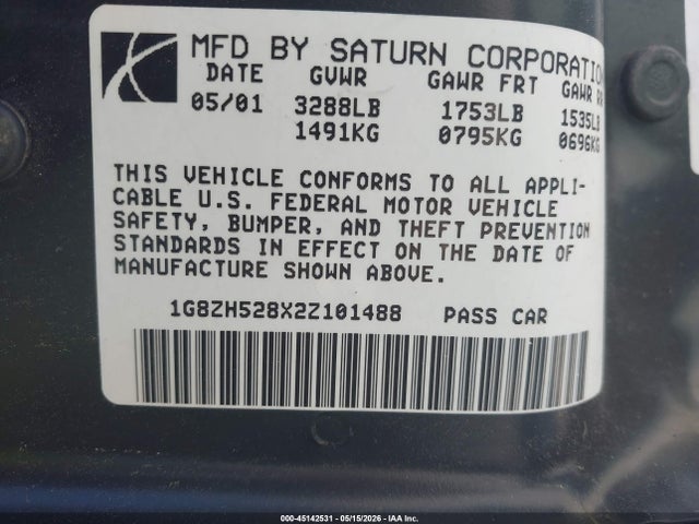 Продажа на аукционе авто 2002 Saturn S-series Sl1, vin: 1G8ZH528X2Z101488, номер лота: 45142531