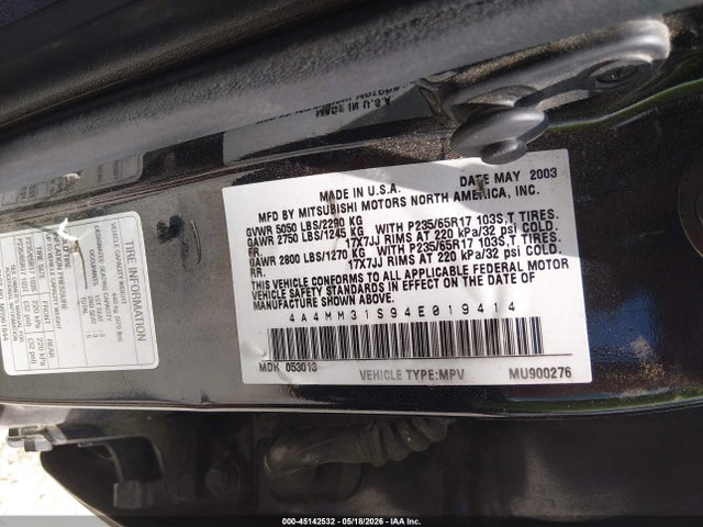 Продажа на аукционе авто 2004 Mitsubishi Endeavor Xls, vin: 4A4MM31S94E019414, номер лота: 45142532