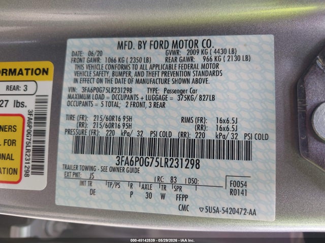Ford FUSION S 2020 3FA6P0G75LR231298 Image 9