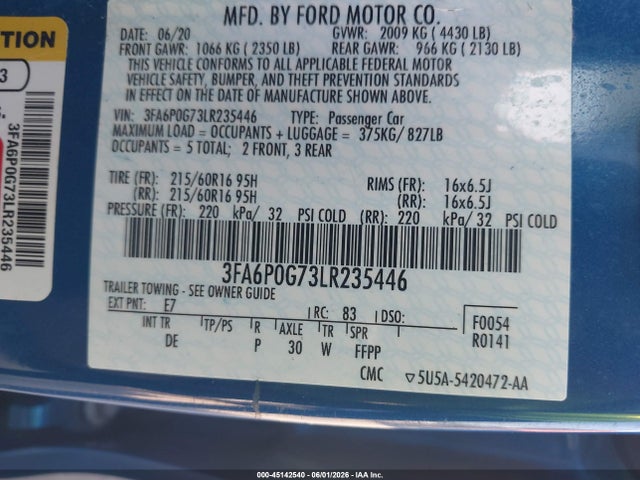 Ford FUSION S 2020 3FA6P0G73LR235446 Image 9
