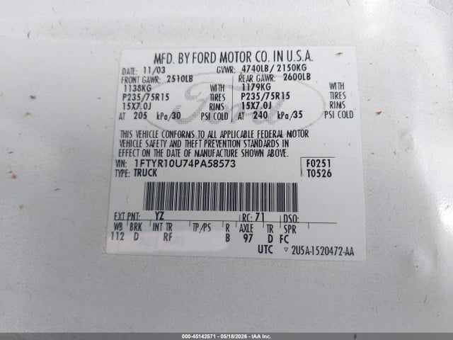 Aukcja sprzedaży 2004 Ford Ranger Edge/xl/xlt, vin: 1FTYR10U74PA58573, numer aukcji: 45142571