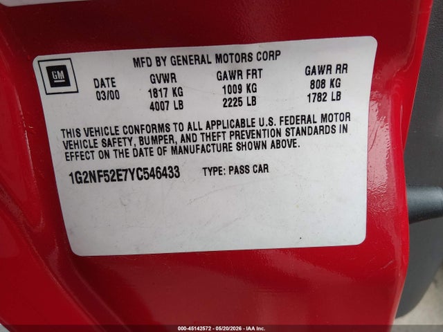 Auction sale of the 2000 Pontiac Grand Am Se1, vin: 1G2NF52E7YC546433, lot number: 45142572