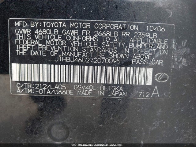 45142589 :رقم المزاد ، JTHBJ46G272070095 vin ، 2007 Lexus Es 350 مزاد بيع