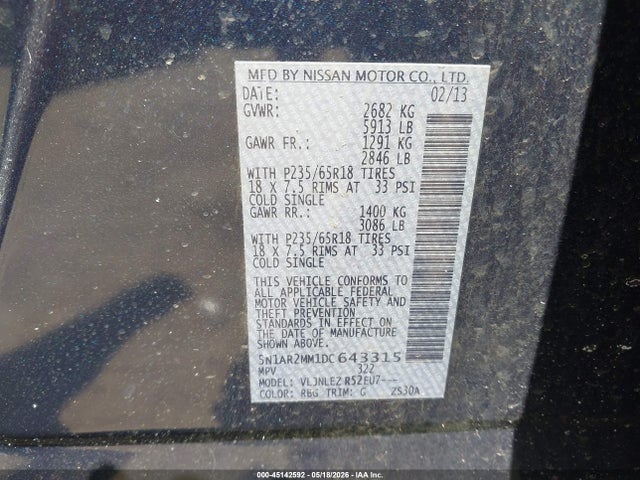 Aukcja sprzedaży 2013 Nissan Pathfinder Sv, vin: 5N1AR2MM1DC643315, numer aukcji: 45142592