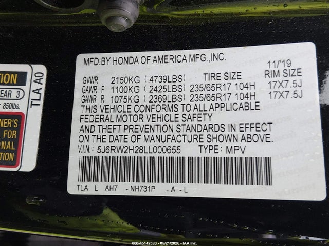 45142593 :رقم المزاد ، 5J6RW2H28LL000655 vin ، 2020 Honda Cr-v Awd Lx مزاد بيع