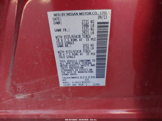 Nissan Pathfinder Sv 2014 5N1AR2MM4EC625330 Image 9
