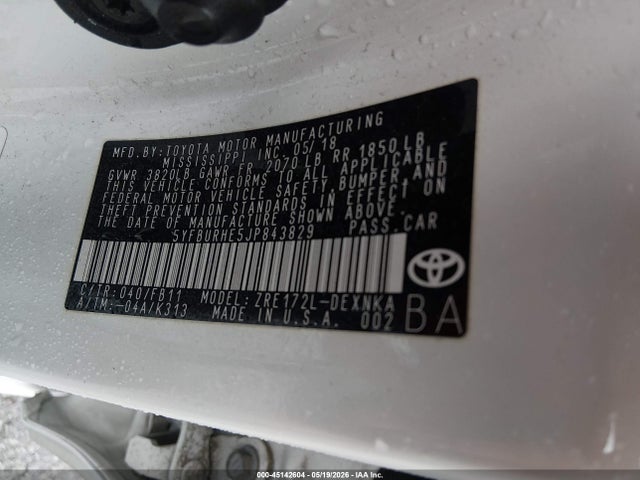 Aukcja sprzedaży 2018 Toyota Corolla Le, vin: 5YFBURHE5JP843829, numer aukcji: 45142604