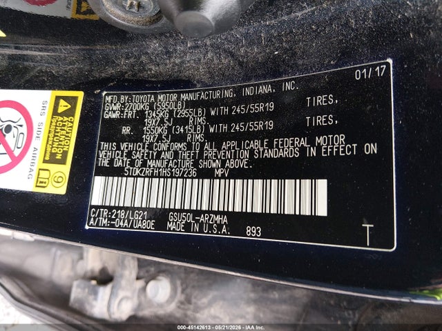 Aukcja sprzedaży 2017 Toyota Highlander Se, vin: 5TDKZRFH1HS197236, numer aukcji: 45142613