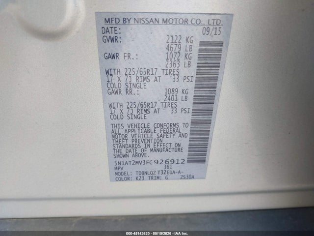 5N1AT2MV3FC926912 Nissan ROGUE SV
