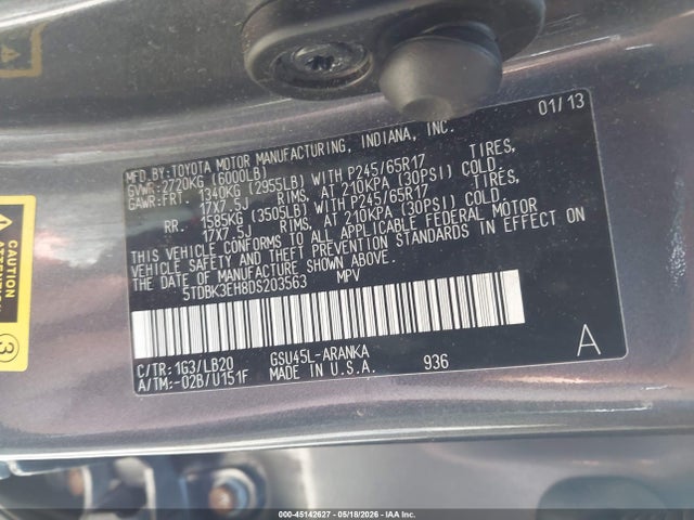 Aukcja sprzedaży 2013 Toyota Highlander Se V6, vin: 5TDBK3EH8DS203563, numer aukcji: 45142627