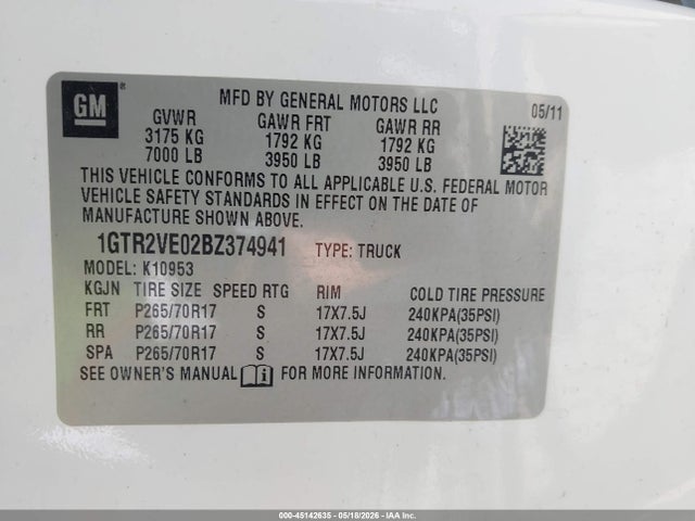 Продаж на аукціоні авто 2011 Gmc Sierra 1500 Sle, vin: 1GTR2VE02BZ374941, номер лоту: 45142635