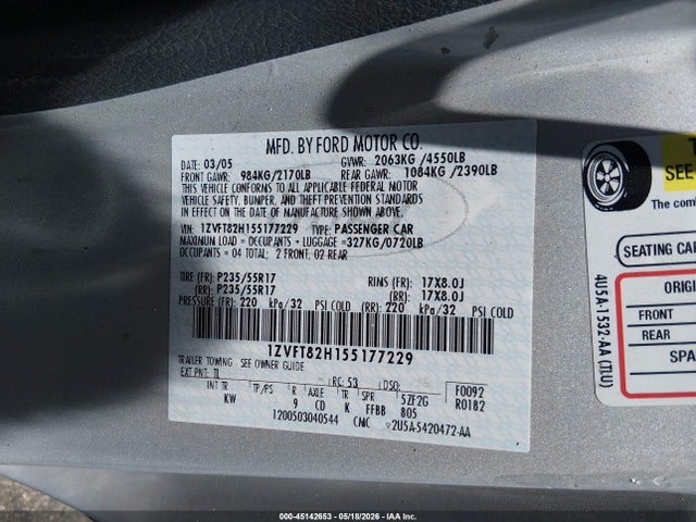 Продаж на аукціоні авто 2005 Ford Mustang Gt Deluxe/gt Premium, vin: 1ZVFT82H155177229, номер лоту: 45142653