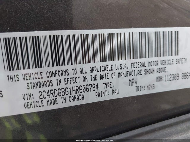 2017 Dodge Grand Caravan Se Plus მანქანა იყიდება აუქციონზე, vin: 2C4RDGBG1HR606794, აუქციონის ნომერი: 45142664