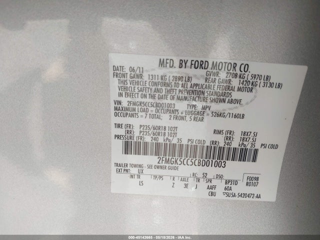 45142665 :رقم المزاد ، 2FMGK5CC5CBD01003 vin ، 2012 Ford Flex Sel مزاد بيع