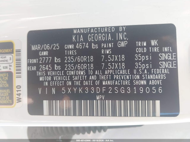 2025 Kia Sportage Ex მანქანა იყიდება აუქციონზე, vin: 5XYK33DF2SG319056, აუქციონის ნომერი: 45142666