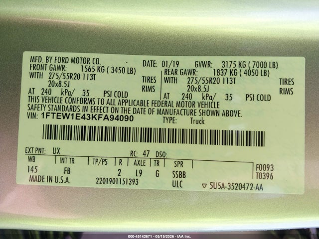 Aukcja sprzedaży 2019 Ford F-150 Xlt, vin: 1FTEW1E43KFA94090, numer aukcji: 45142671