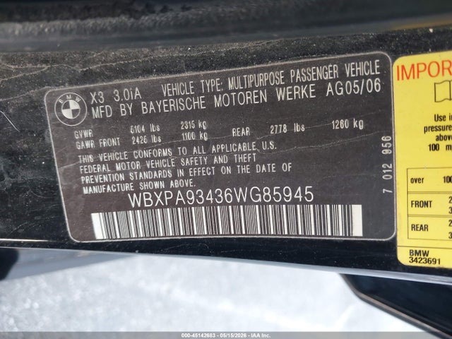 45142683 :رقم المزاد ، WBXPA93436WG85945 vin ، 2006 Bmw X3 3.0i مزاد بيع