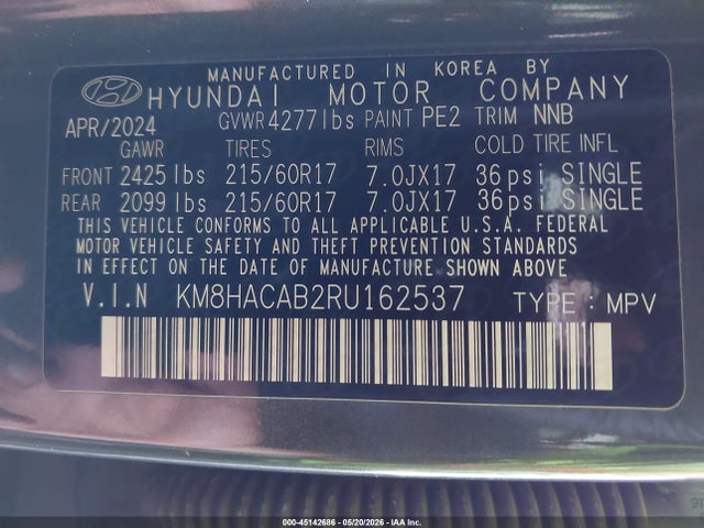 45142686 :رقم المزاد ، KM8HACAB2RU162537 vin ، 2024 Hyundai Kona Se مزاد بيع