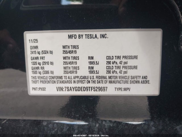Продаж на аукціоні авто 2026 Tesla Model Y, vin: 7SAYGDED9TF529697, номер лоту: 45142697