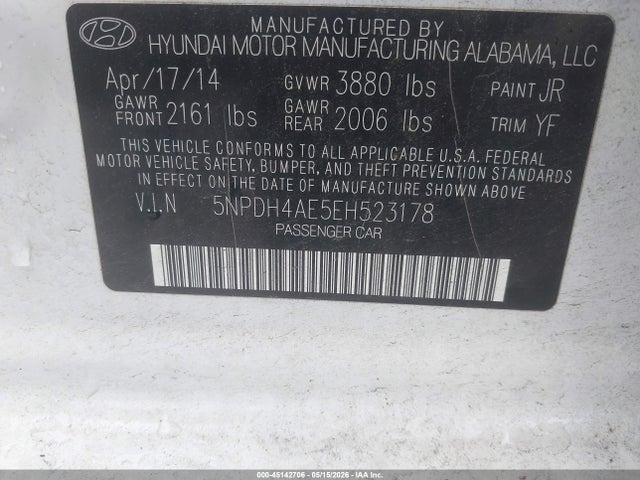 Aukcja sprzedaży 2014 Hyundai Elantra Se, vin: 5NPDH4AE5EH523178, numer aukcji: 45142706