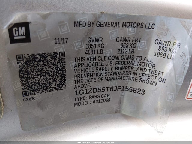 Продаж на аукціоні авто 2018 Chevrolet Malibu Lt, vin: 1G1ZD5ST6JF155823, номер лоту: 45142717
