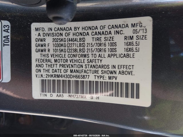 Продажа на аукционе авто 2013 Honda Cr-v Lx, vin: 2HKRM4H30DH665877, номер лота: 45142728