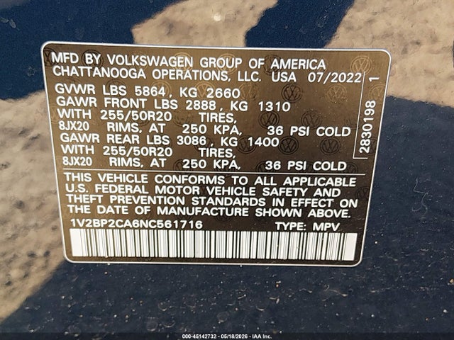 Aukcja sprzedaży 2022 Volkswagen Atlas 2.0t Sel, vin: 1V2BP2CA6NC561716, numer aukcji: 45142732