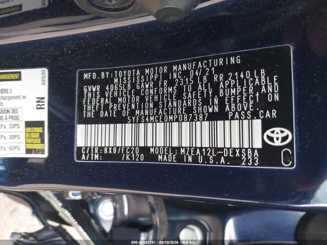 Toyota COROLLA SE 2021 5YFS4MCE0MP087387 Image 9