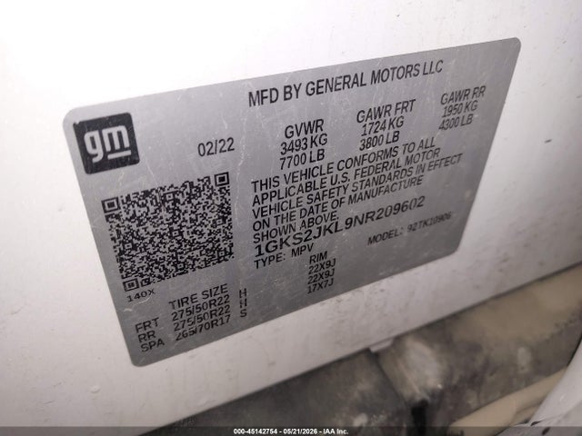 2022 Gmc Yukon Xl 4wd Denali მანქანა იყიდება აუქციონზე, vin: 1GKS2JKL9NR209602, აუქციონის ნომერი: 45142754