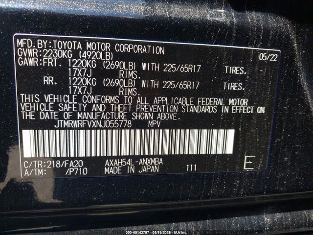 JTMRWRFVXNJ055778 Toyota Rav4 Hybrid Xle