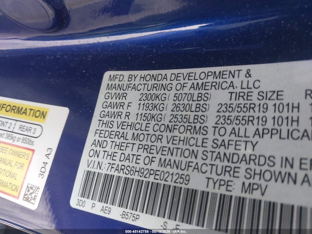 2023 Honda Cr-v Hybrid Sport Touring მანქანა იყიდება აუქციონზე, vin: 7FARS6H92PE021259, აუქციონის ნომერი: 45142758