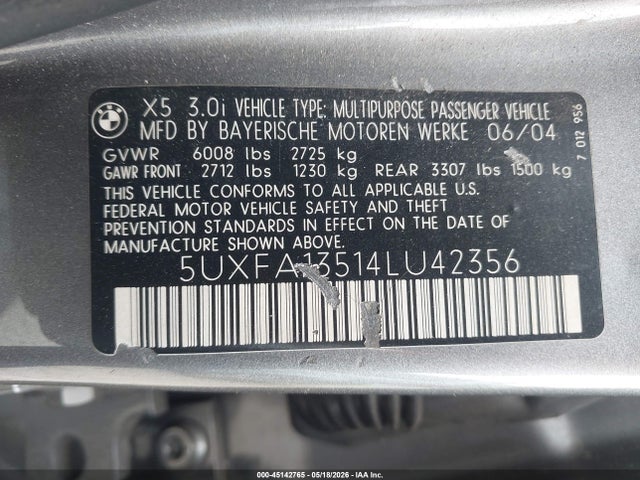 Продаж на аукціоні авто 2004 Bmw X5 3.0i, vin: 5UXFA13514LU42356, номер лоту: 45142765