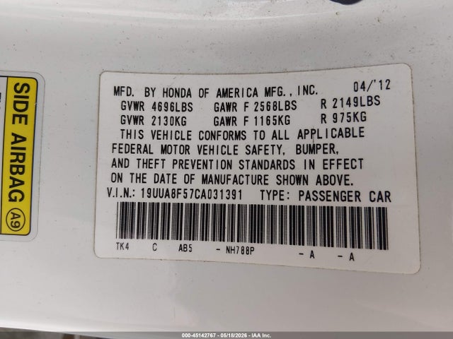 Aukcja sprzedaży 2012 Acura Tl 3.5, vin: 19UUA8F57CA031391, numer aukcji: 45142767