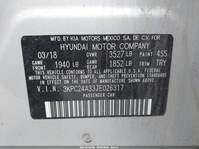 2018 Hyundai Accent Se მანქანა იყიდება აუქციონზე, vin: 3KPC24A33JE026317, აუქციონის ნომერი: 45142768