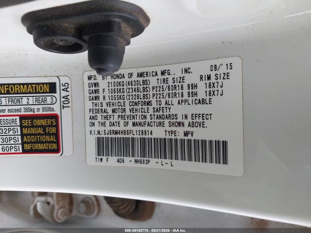 Honda Cr-v Touring 2015 5J6RM4H96FL128914 Image 9