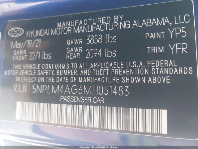 Aukcja sprzedaży 2021 Hyundai Elantra Sel, vin: 5NPLM4AG6MH051483, numer aukcji: 45142798