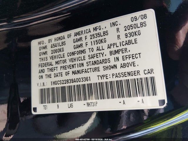 45142799 :رقم المزاد ، 1HGCS22839A003361 vin ، 2009 Honda Accord 3.5 Ex-l مزاد بيع