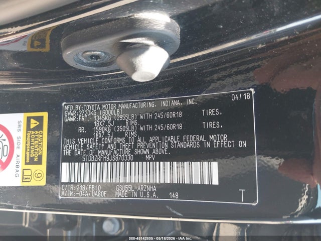 2018 Toyota Highlander Le მანქანა იყიდება აუქციონზე, vin: 5TDBZRFH9JS870330, აუქციონის ნომერი: 45142805