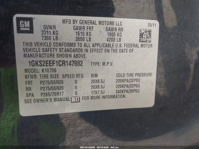 45142809 :رقم المزاد ، 1GKS2EEF1CR147882 vin ، 2012 Gmc Yukon Denali مزاد بيع