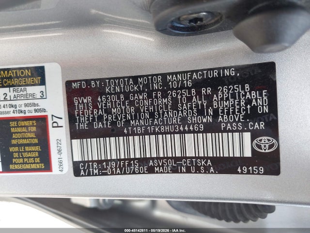 Продажа на аукционе авто 2017 Toyota Camry Se, vin: 4T1BF1FK8HU344469, номер лота: 45142811