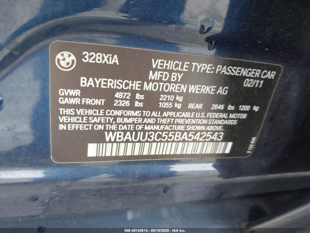 45142814 :رقم المزاد ، WBAUU3C55BA542543 vin ، 2011 Bmw 328i Xdrive مزاد بيع