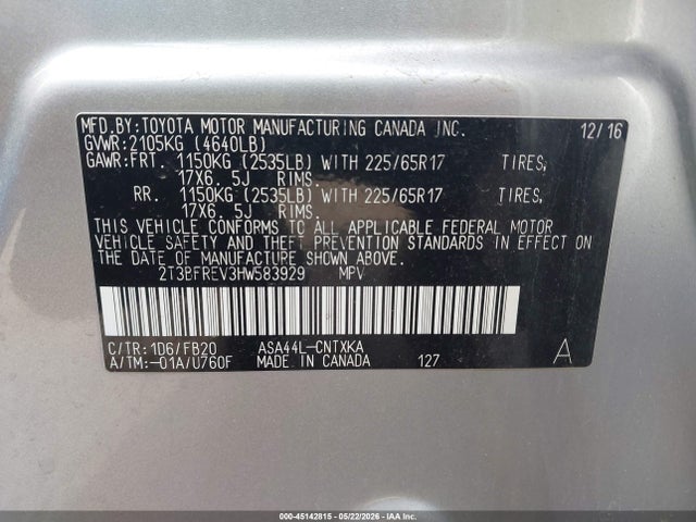 Aukcja sprzedaży 2017 Toyota Rav4 Le, vin: 2T3BFREV3HW583929, numer aukcji: 45142815