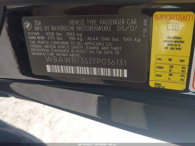 2007 Bmw 335i მანქანა იყიდება აუქციონზე, vin: WBAWB73527P036131, აუქციონის ნომერი: 45142817