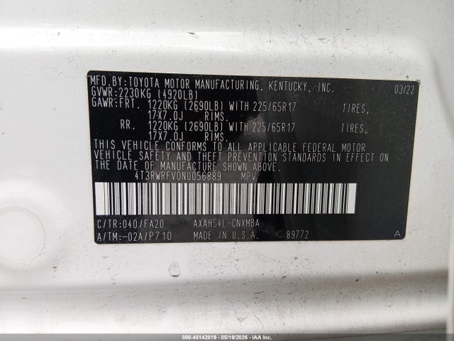 Aukcja sprzedaży 2022 Toyota Rav4 Hybrid Xle, vin: 4T3RWRFV0NU056889, numer aukcji: 45142819