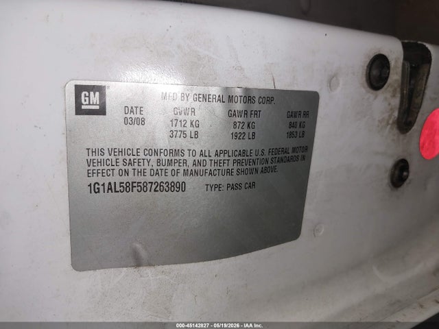 Продажа на аукционе авто 2008 Chevrolet Cobalt Lt, vin: 1G1AL58F587263890, номер лота: 45142827