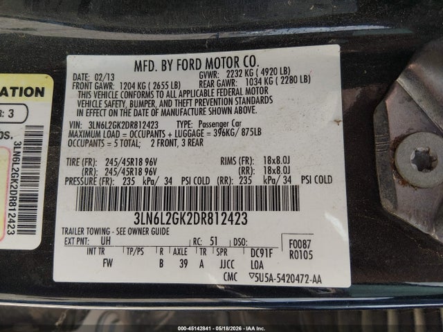 45142841 :رقم المزاد ، 3LN6L2GK2DR812423 vin ، 2013 Lincoln Mkz مزاد بيع