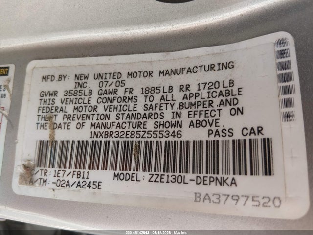 45142843 :رقم المزاد ، 1NXBR32E85Z555346 vin ، 2005 Toyota Corolla Le مزاد بيع