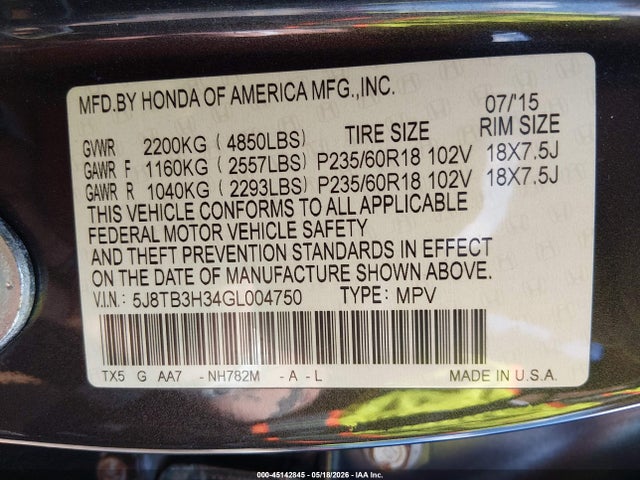 45142845 :رقم المزاد ، 5J8TB3H34GL004750 vin ، 2016 Acura Rdx Acurawatch Plus Pkg مزاد بيع